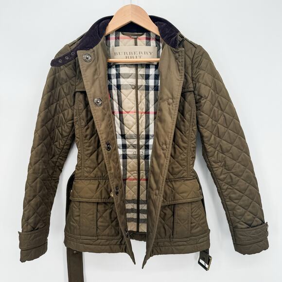 Burberry Quilted Coat Winter Down Finsbridge Plaid Jacket Check Olive Green XS - Picture 11 of 16